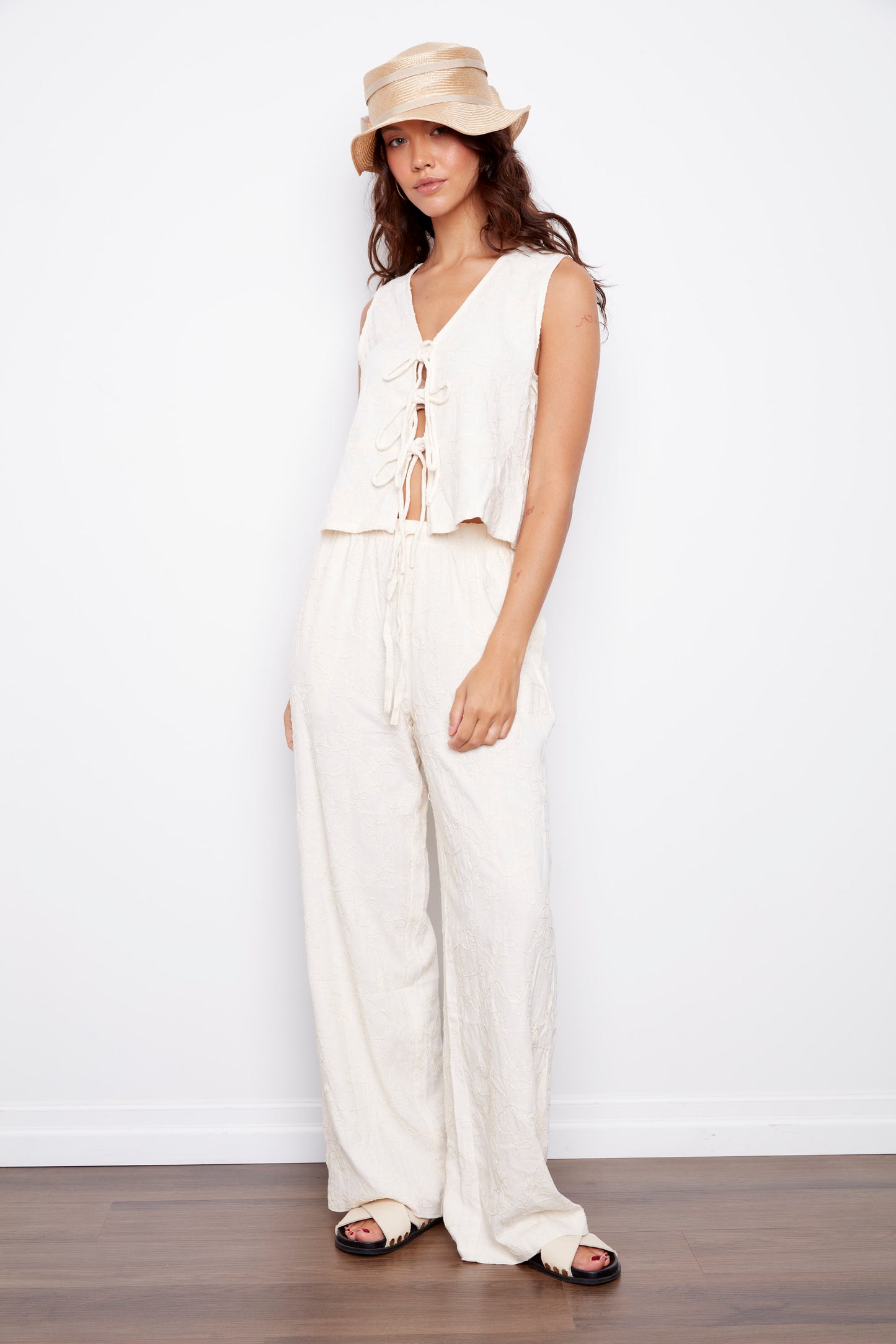 Lora Viscose Linen Soutache Front Tie Top