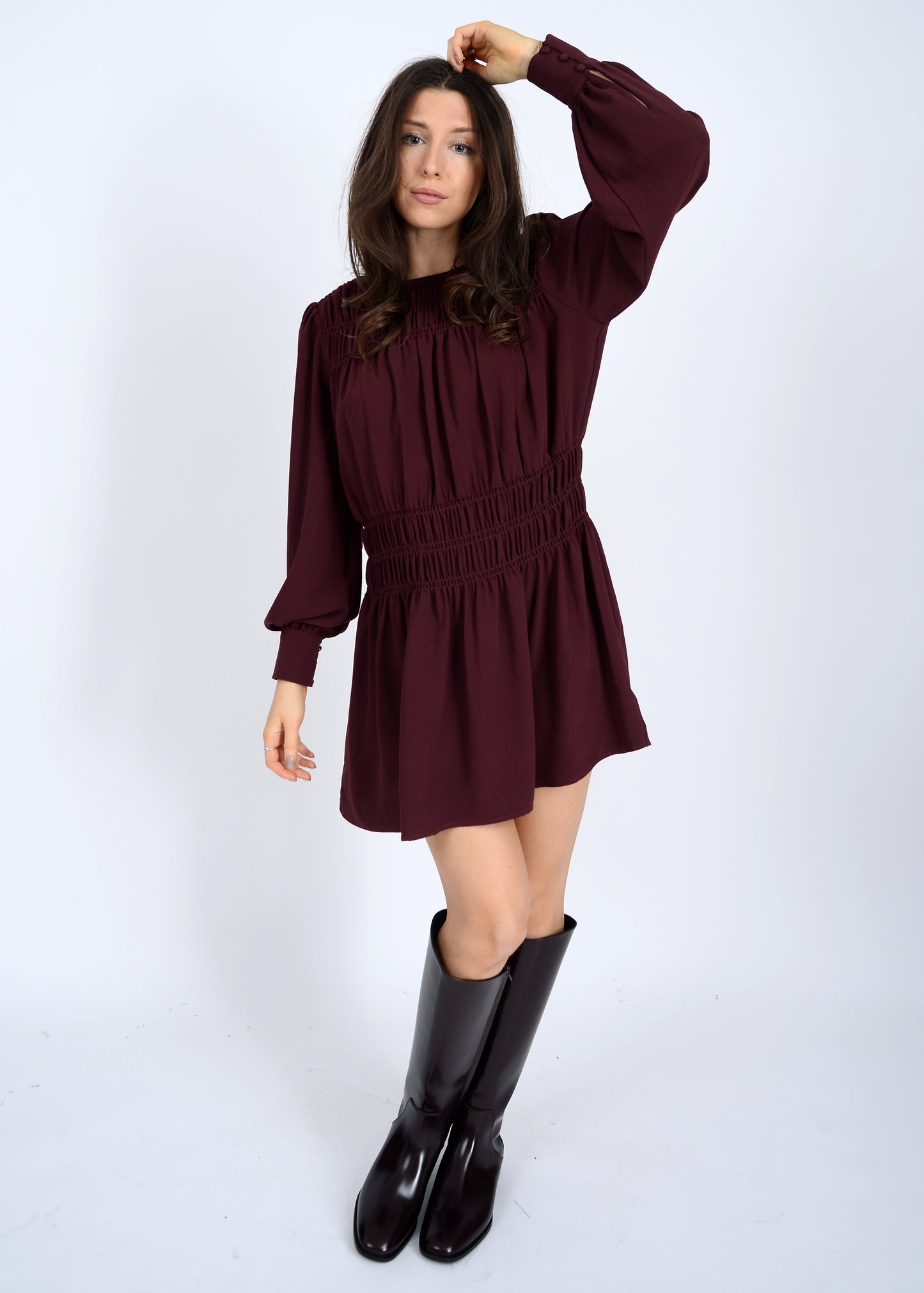Shirred Mini Dress - Prune