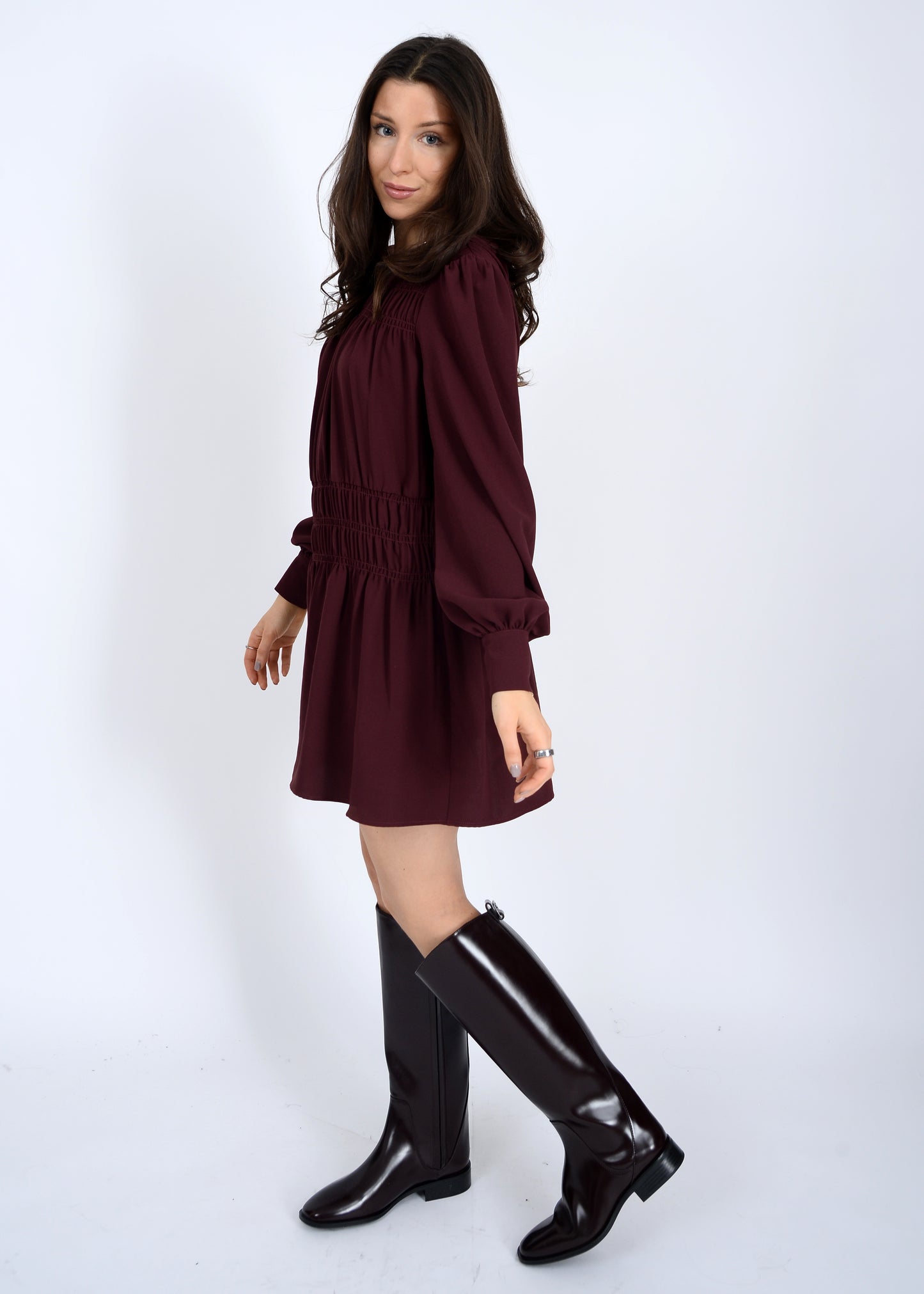 Shirred Mini Dress - Prune