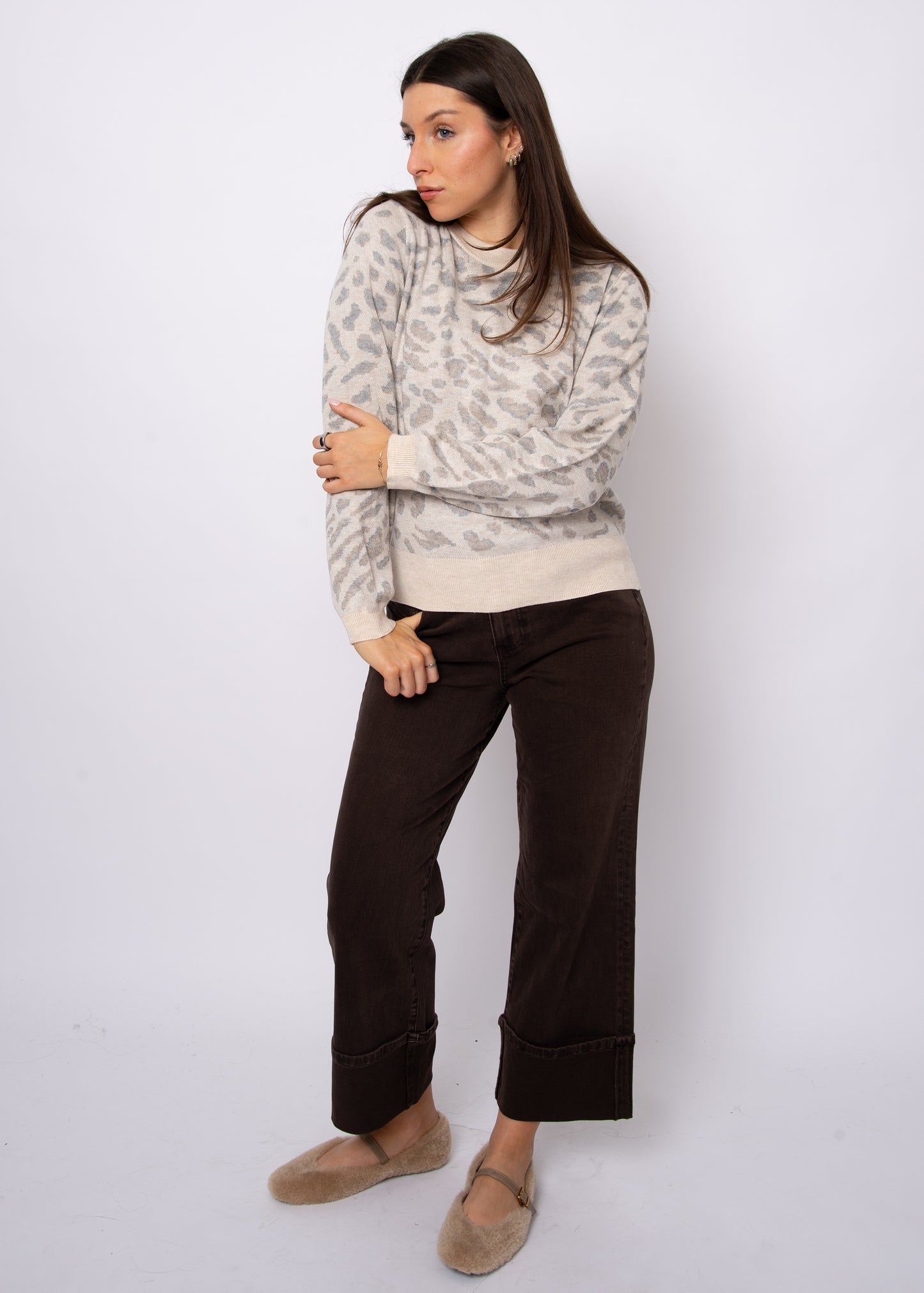 Maisie Animal Print Knit Sweater - Cream