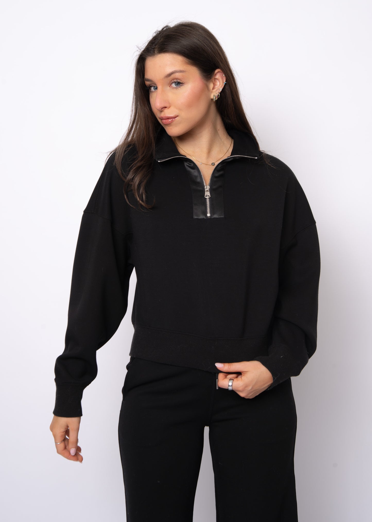 Mailyn Soft Knit Half Zip Satin Trim - Black