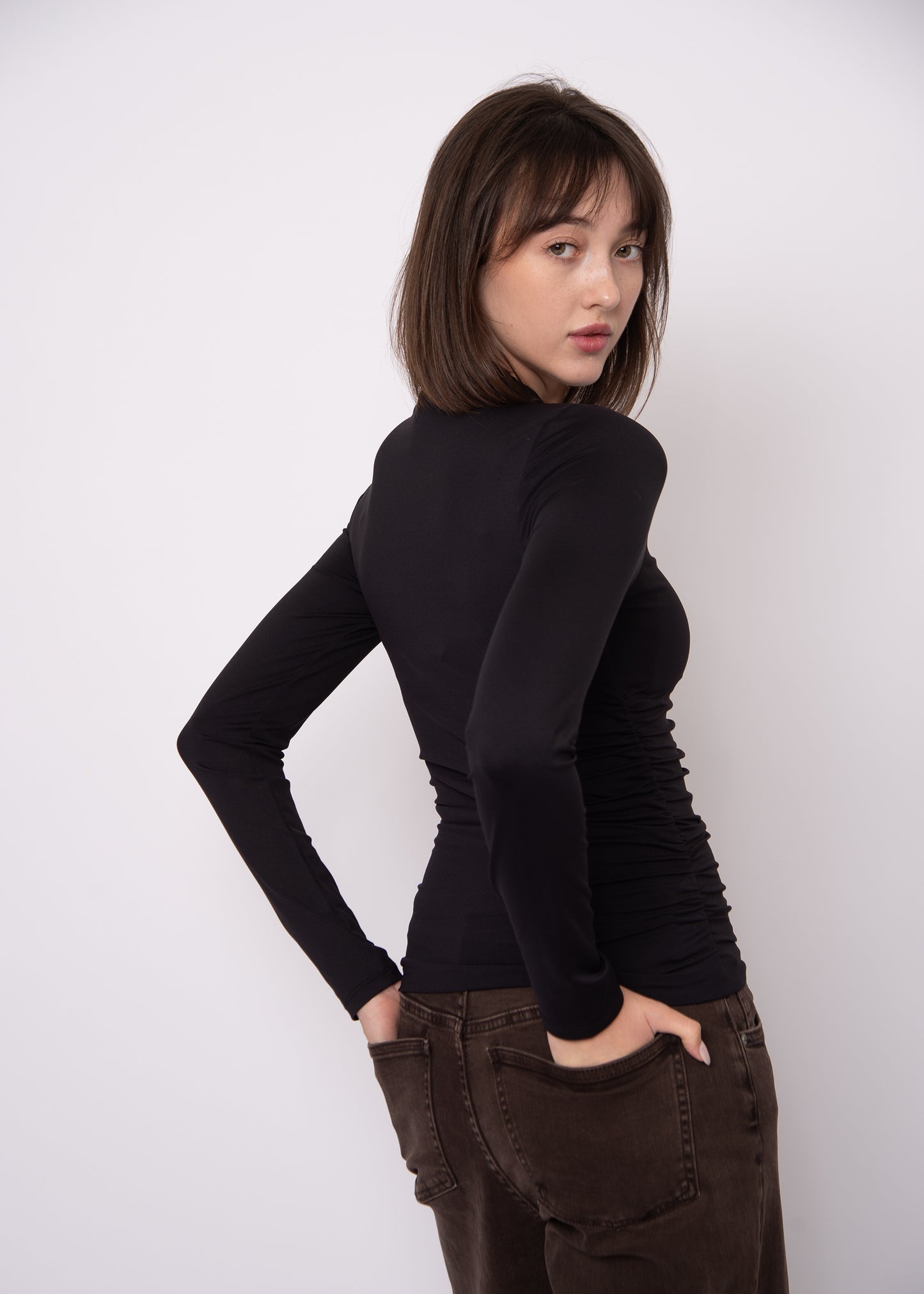 Yves Funnel Neck Ruched Top - Black