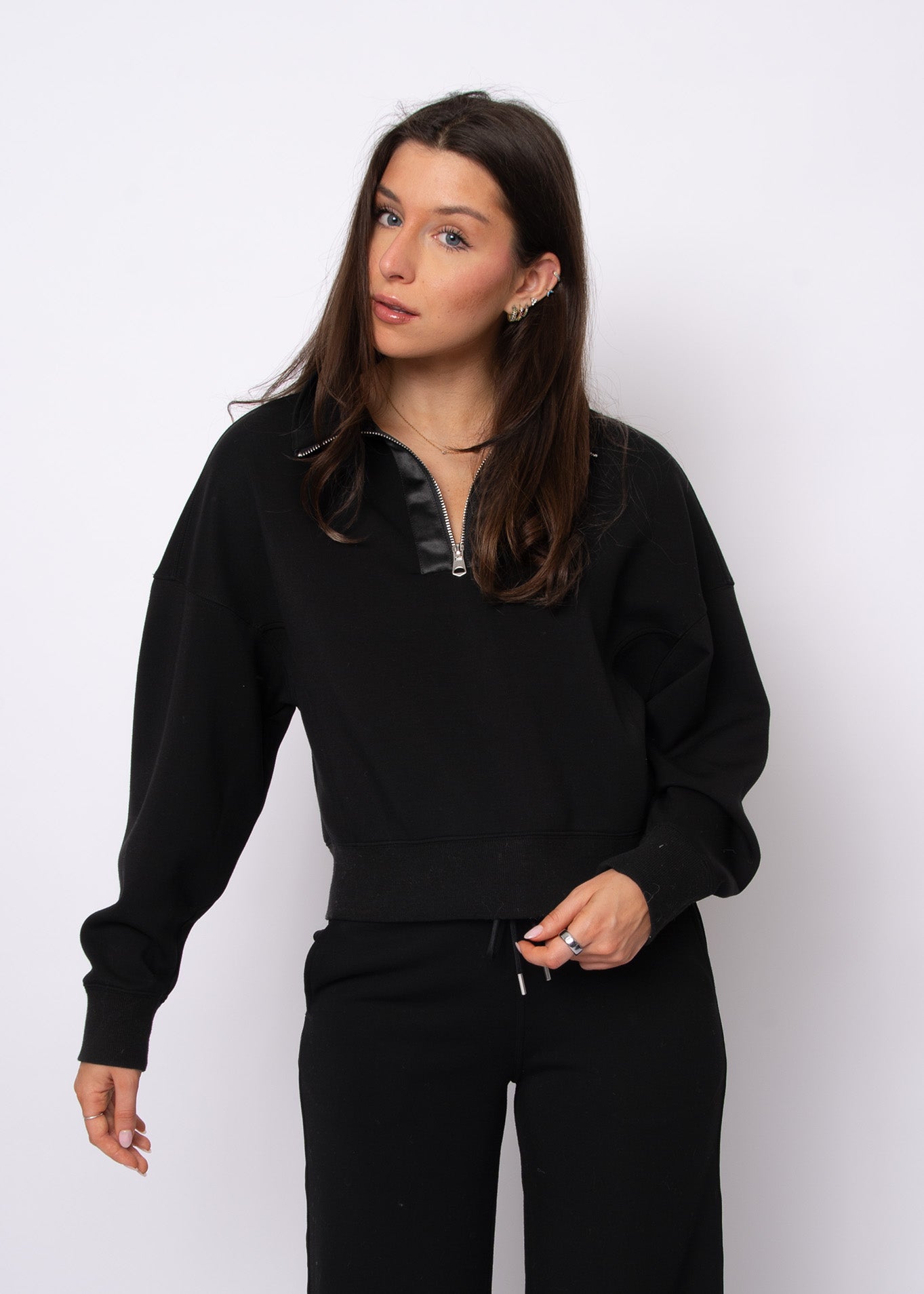 Mailyn Soft Knit Half Zip Satin Trim - Black