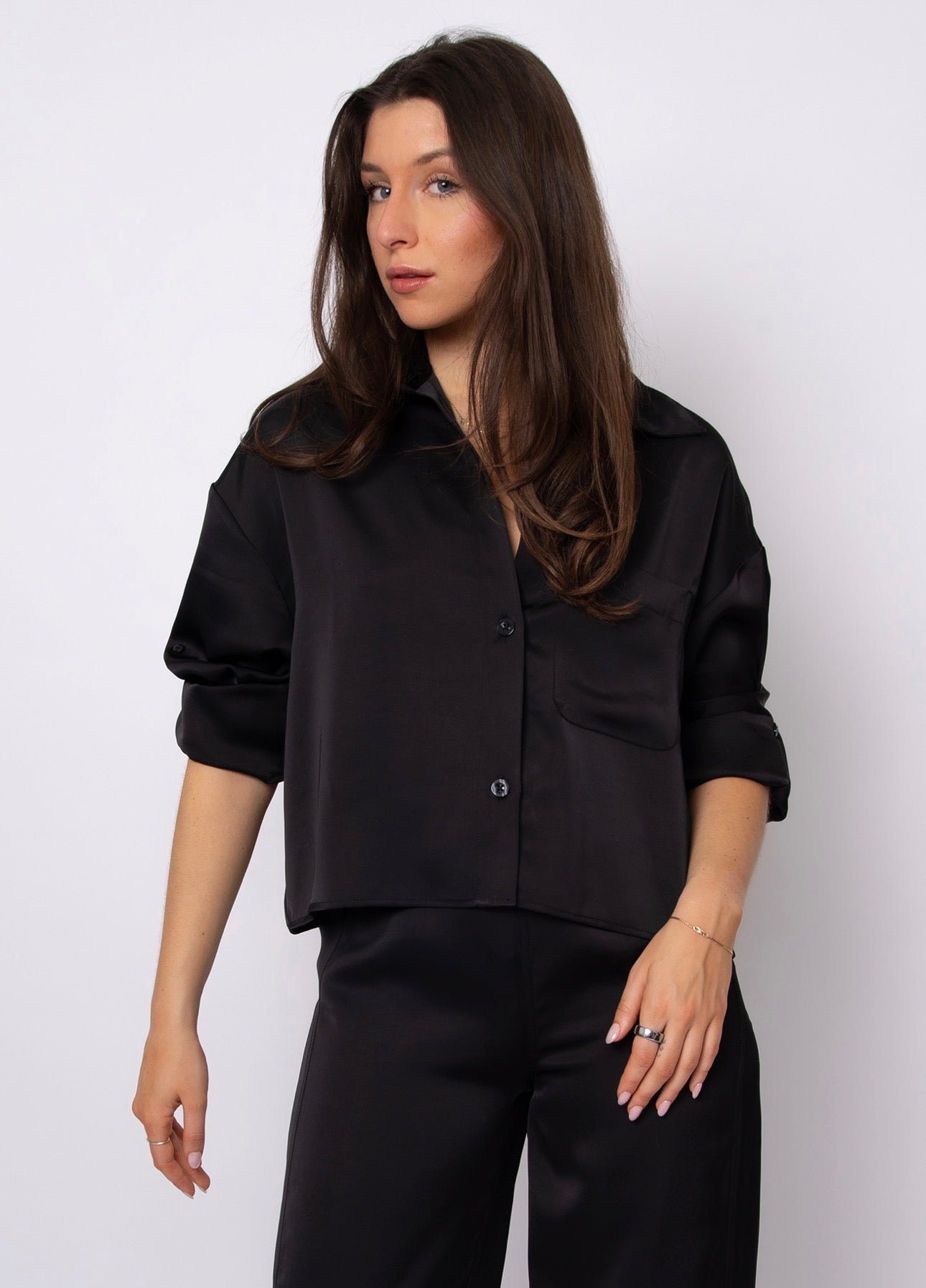 Kerwin Satin Collared Crop - Black