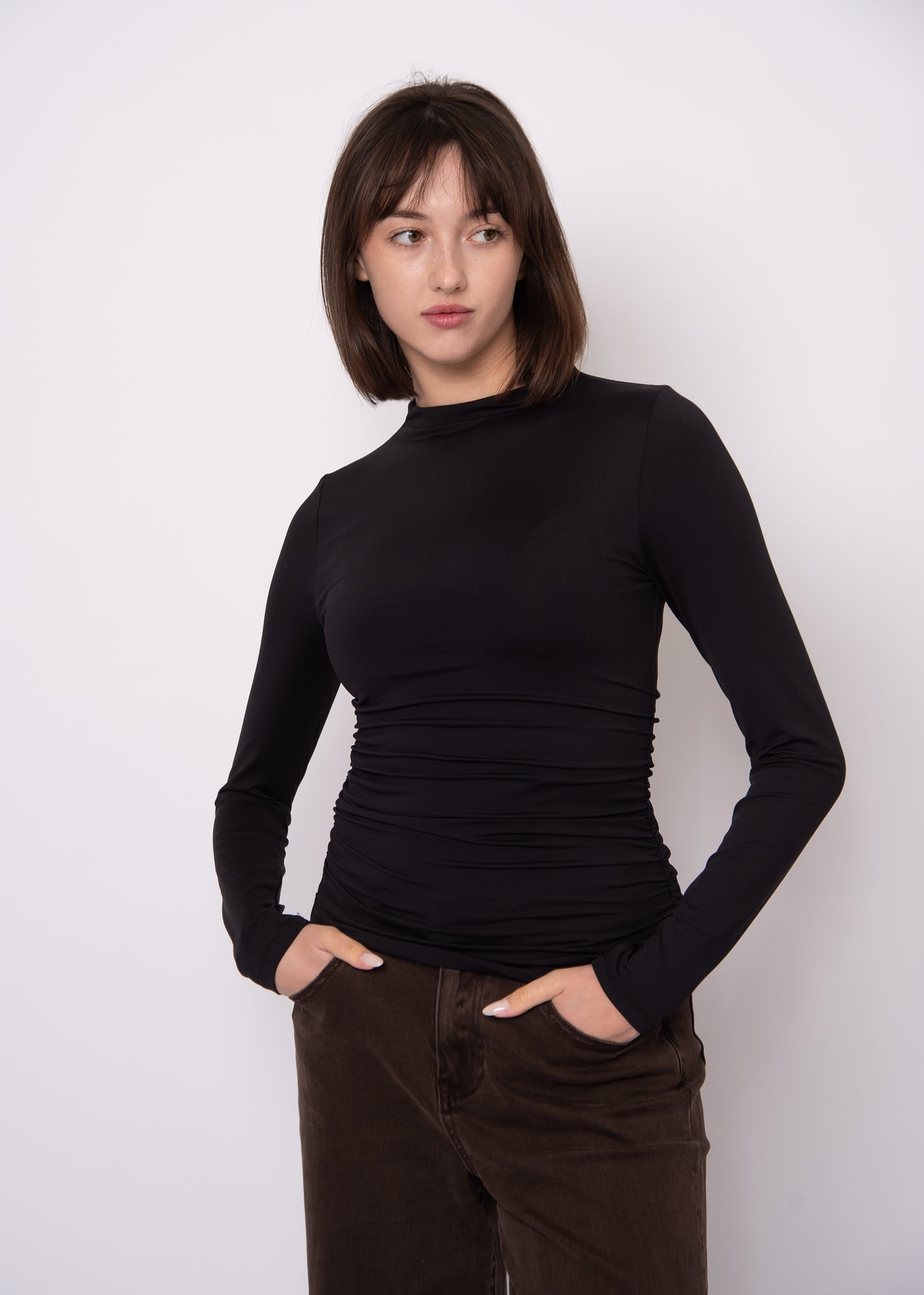 Yves Funnel Neck Ruched Top - Black
