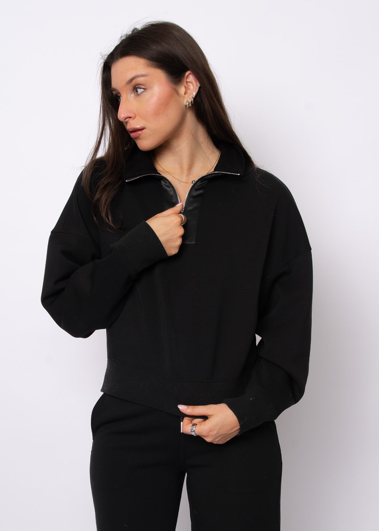 Mailyn Soft Knit Half Zip Satin Trim - Black