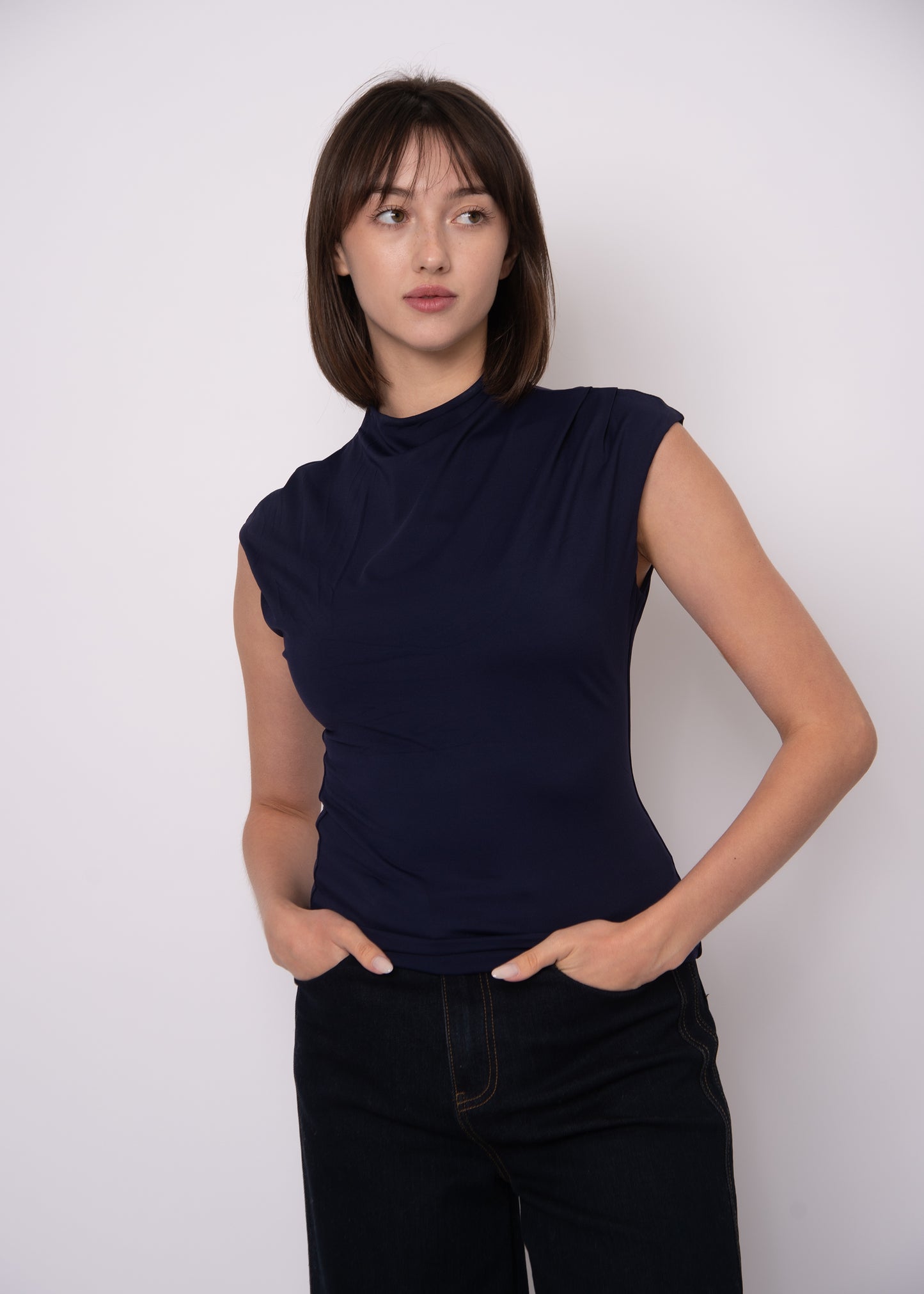 Yvette Funnel Neck Tee - Navy