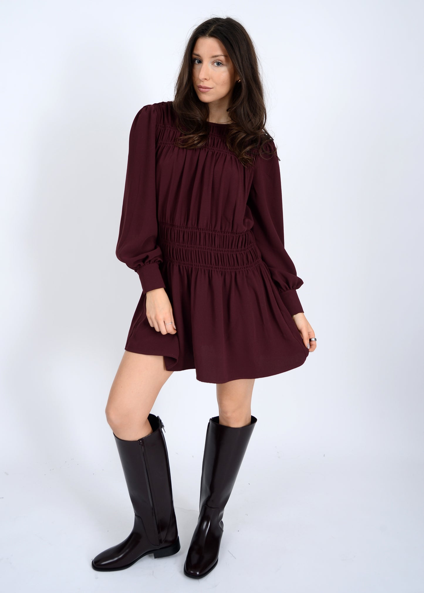 Shirred Mini Dress - Prune