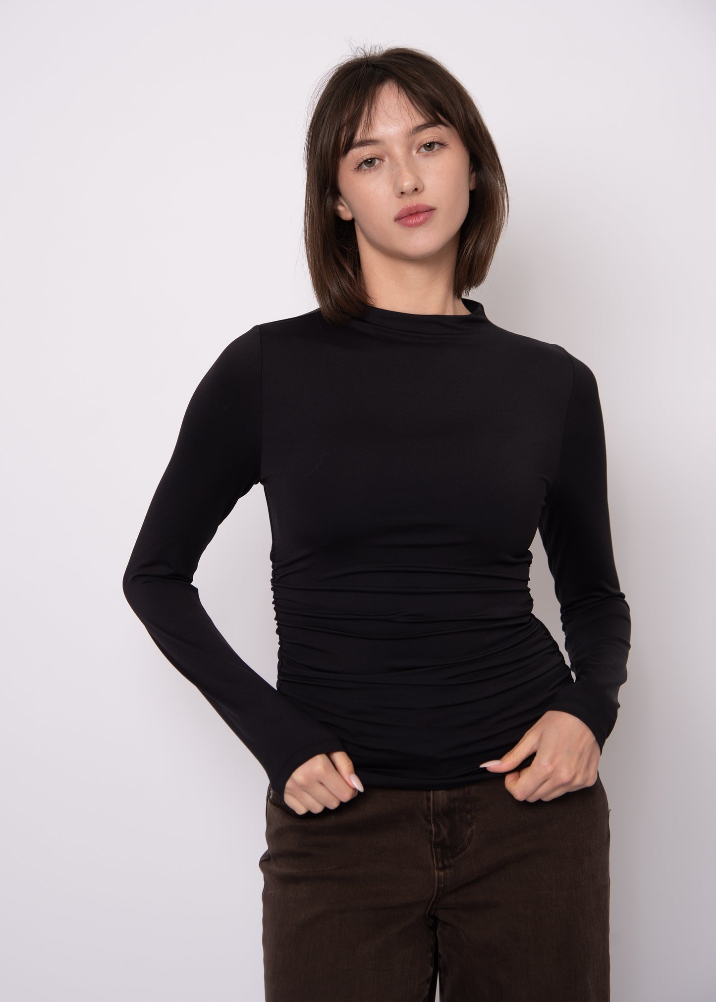 Yves Funnel Neck Ruched Top - Black