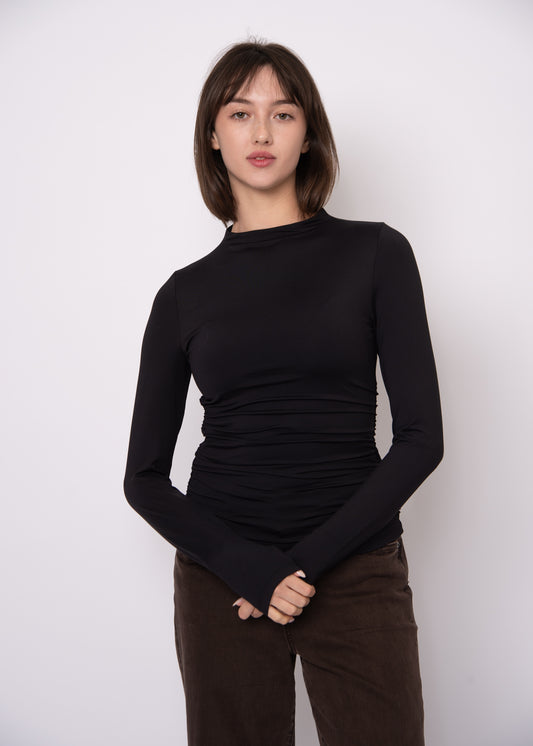 Yves Funnel Neck Ruched Top - Black