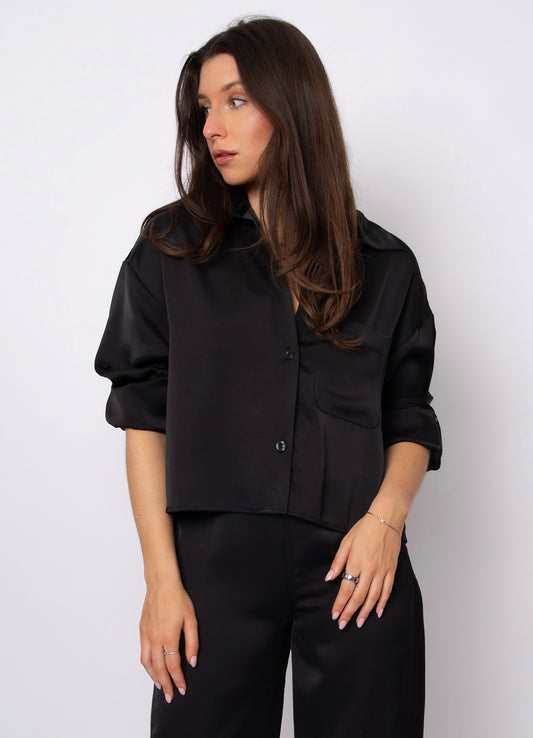 Kerwin Satin Collared Crop - Black
