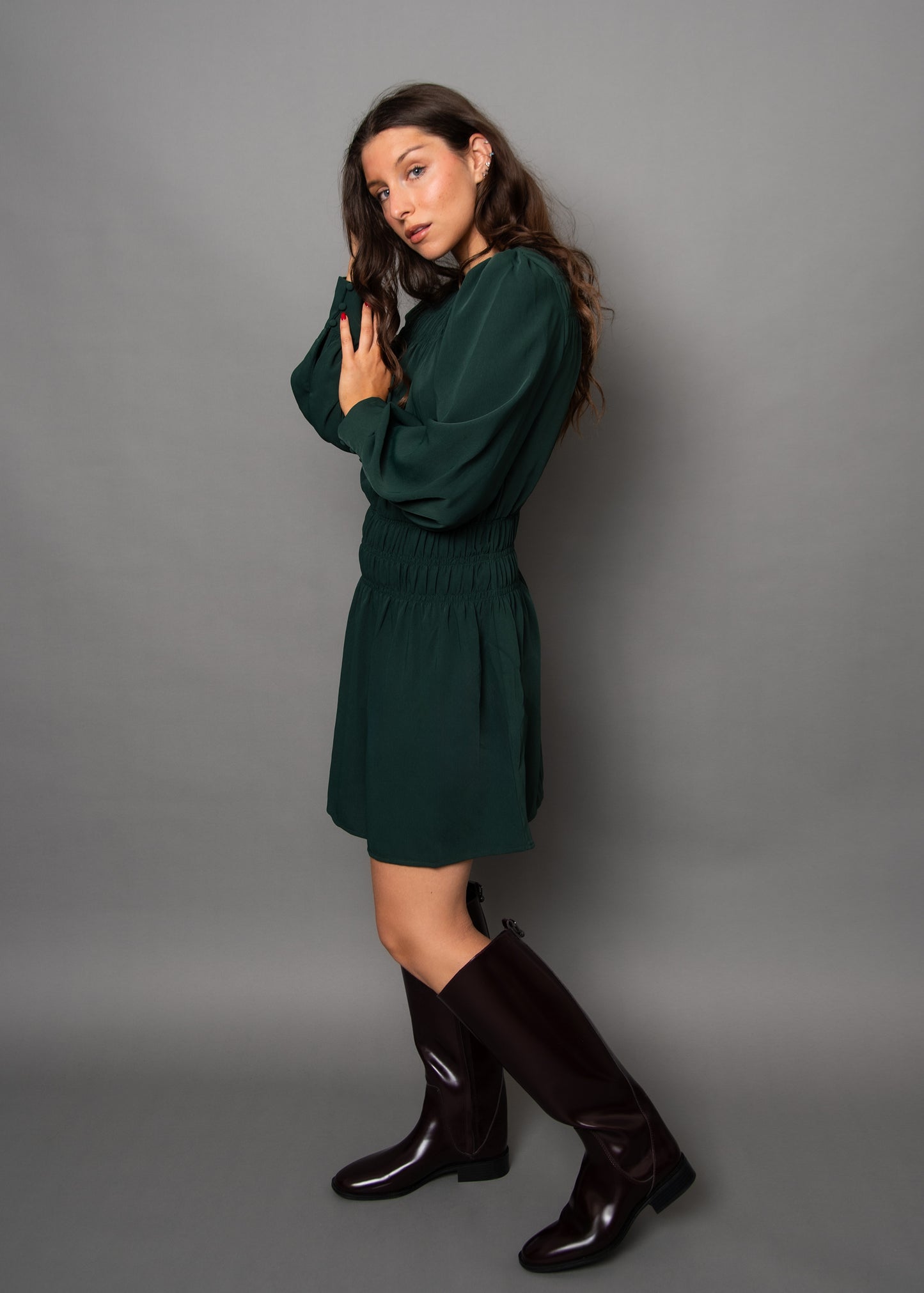Shirred Mini Dress - Shadow Green