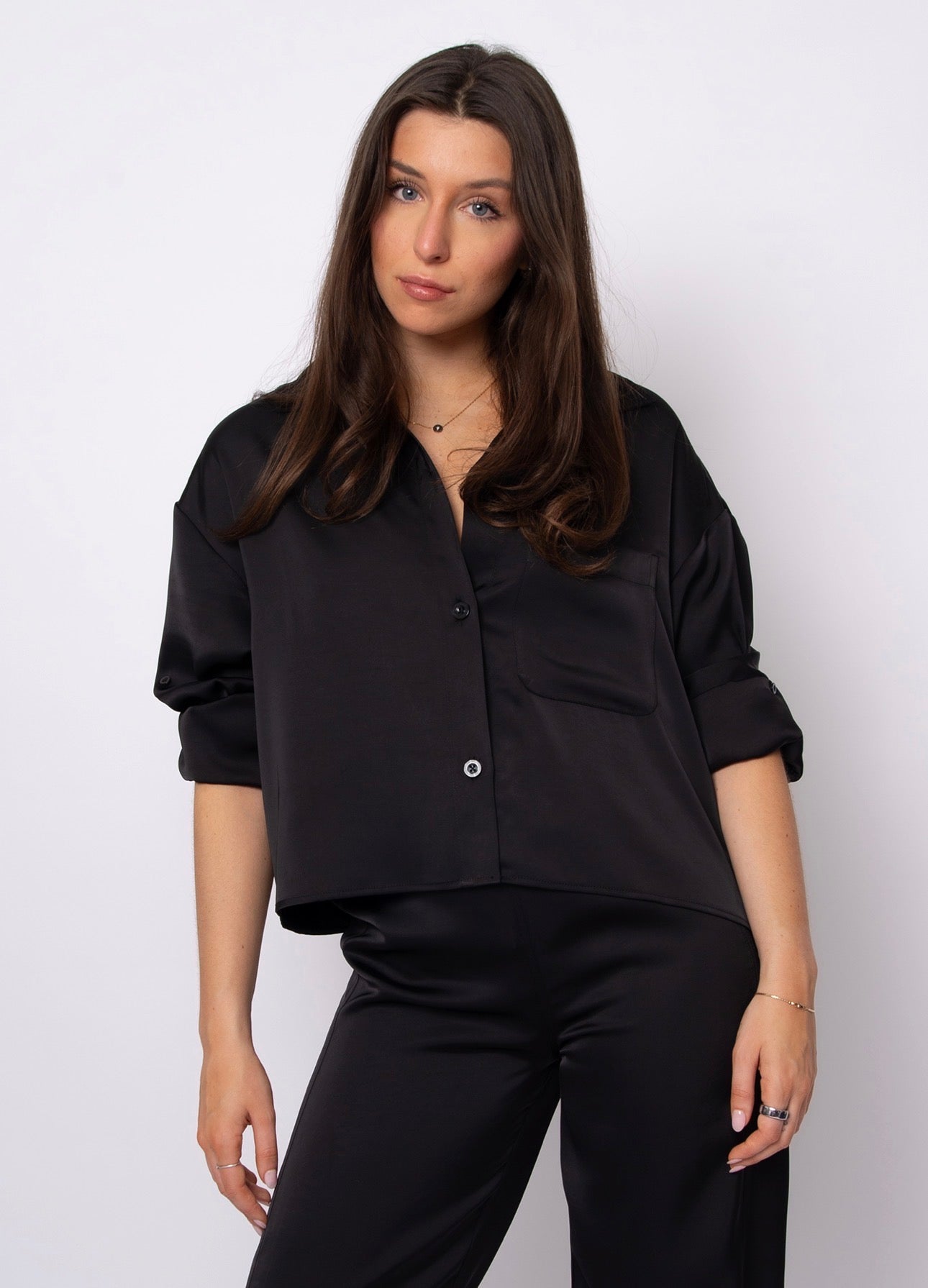 Kerwin Satin Collared Crop - Black